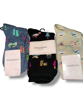 dressbarn Women’s Patterned Crew Socks - Black, Cream, Light Blue (3-Pack) NWT